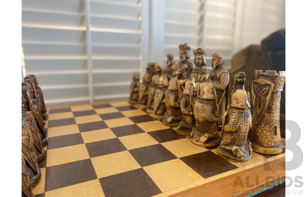 Oversize Composite Chess Set on Mahogany Side Table