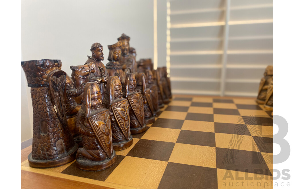 Oversize Composite Chess Set on Mahogany Side Table