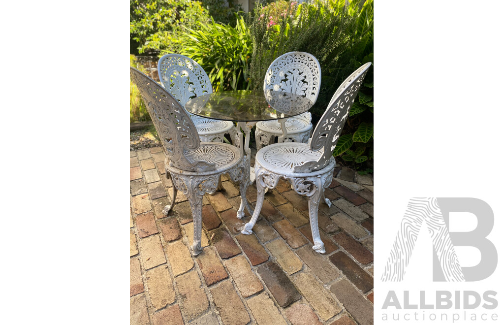 Five Piece Heavy Cast Alloy Patio Suite with Glass Top Table