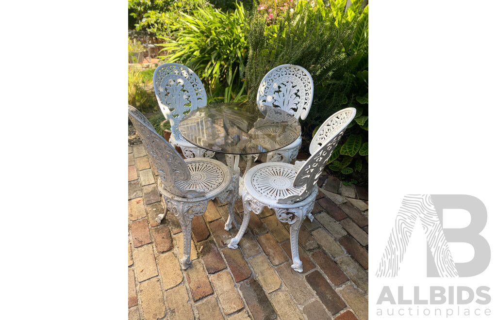 Five Piece Heavy Cast Alloy Patio Suite with Glass Top Table