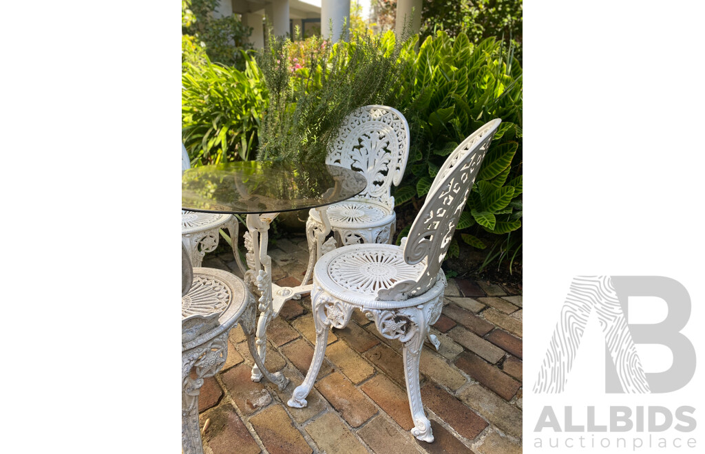 Five Piece Heavy Cast Alloy Patio Suite with Glass Top Table