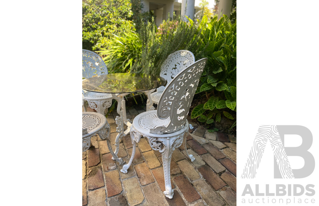 Five Piece Heavy Cast Alloy Patio Suite with Glass Top Table