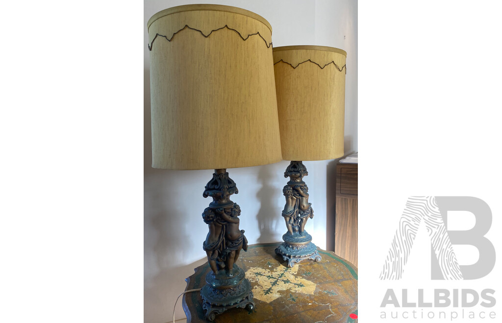 Pair of Gilt Plaster Table Lamps with Putto Form Supports