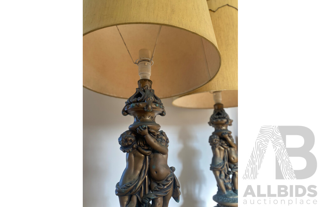 Pair of Gilt Plaster Table Lamps with Putto Form Supports