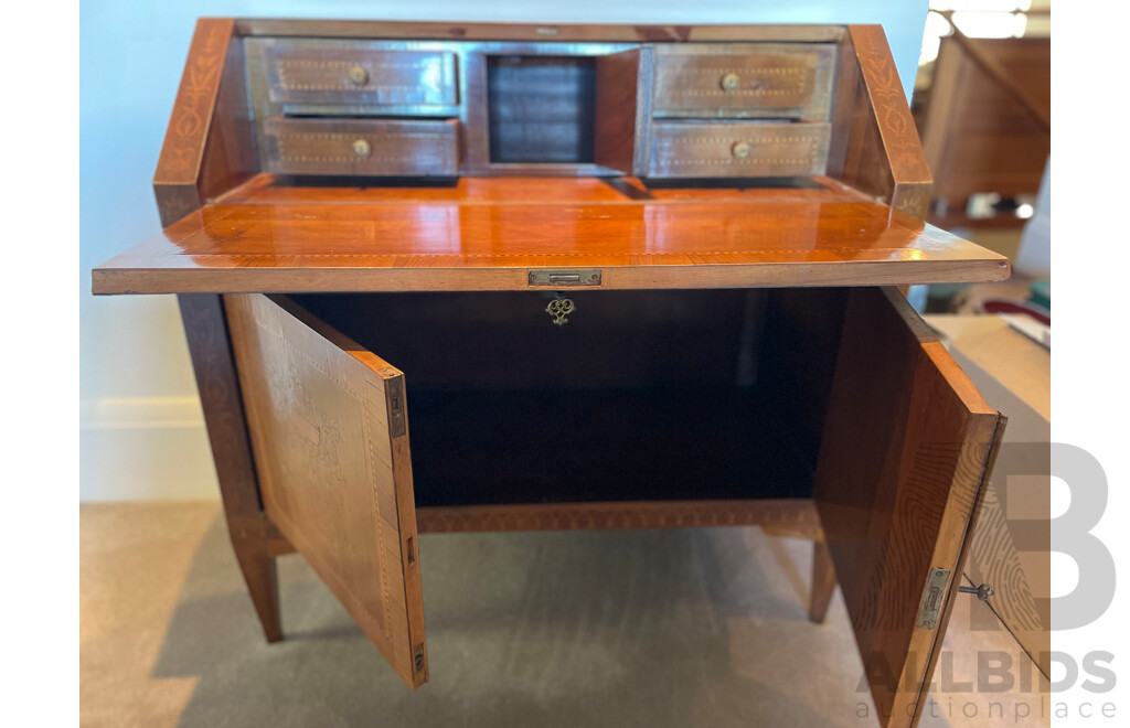 French Style Fruitwood Marquetry Inlaid Bureau