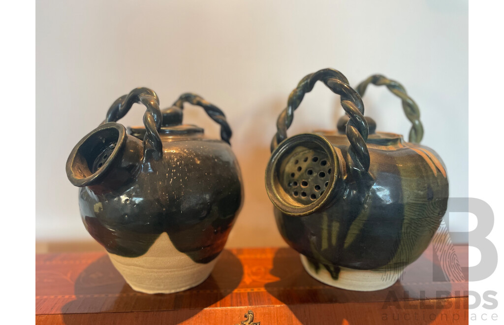 Roma Rubensohn (1927-2025)  - Two Decorative Studio Stoneware Crock Pots with Strainer 