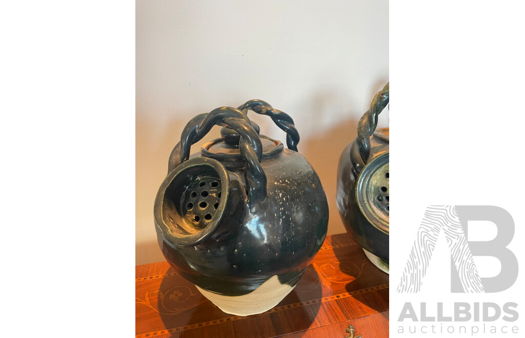 Roma Rubensohn (1927-2025)  - Two Decorative Studio Stoneware Crock Pots with Strainer 