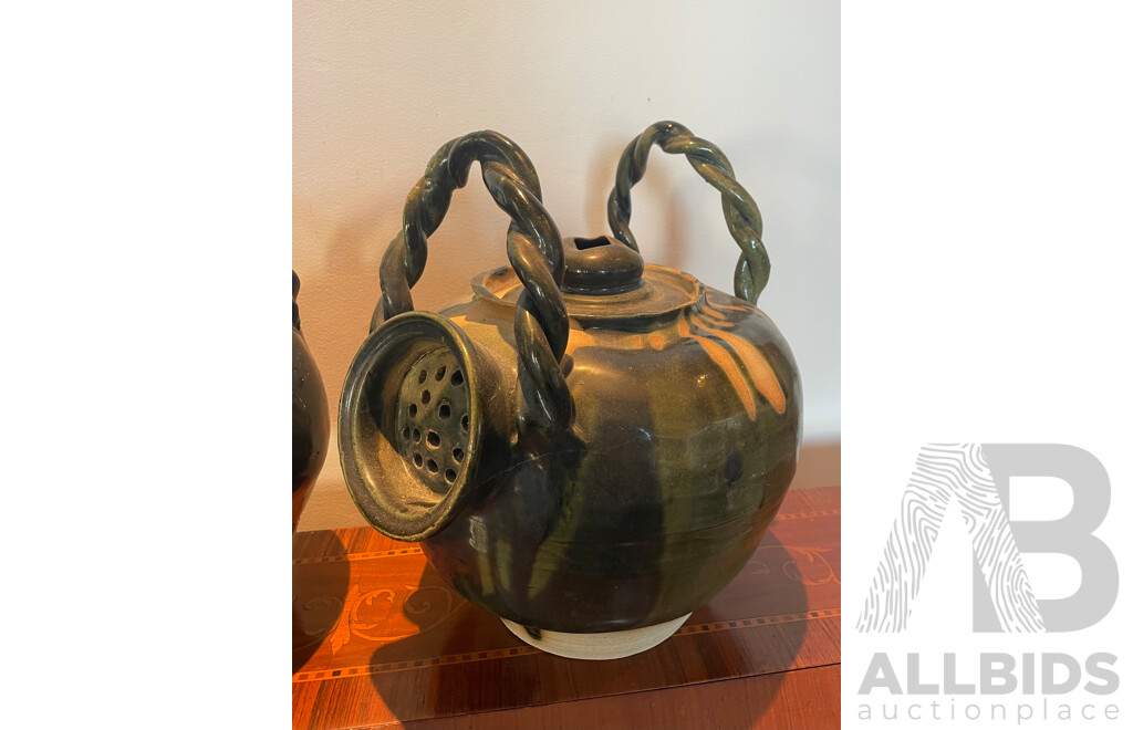 Roma Rubensohn (1927-2025)  - Two Decorative Studio Stoneware Crock Pots with Strainer 