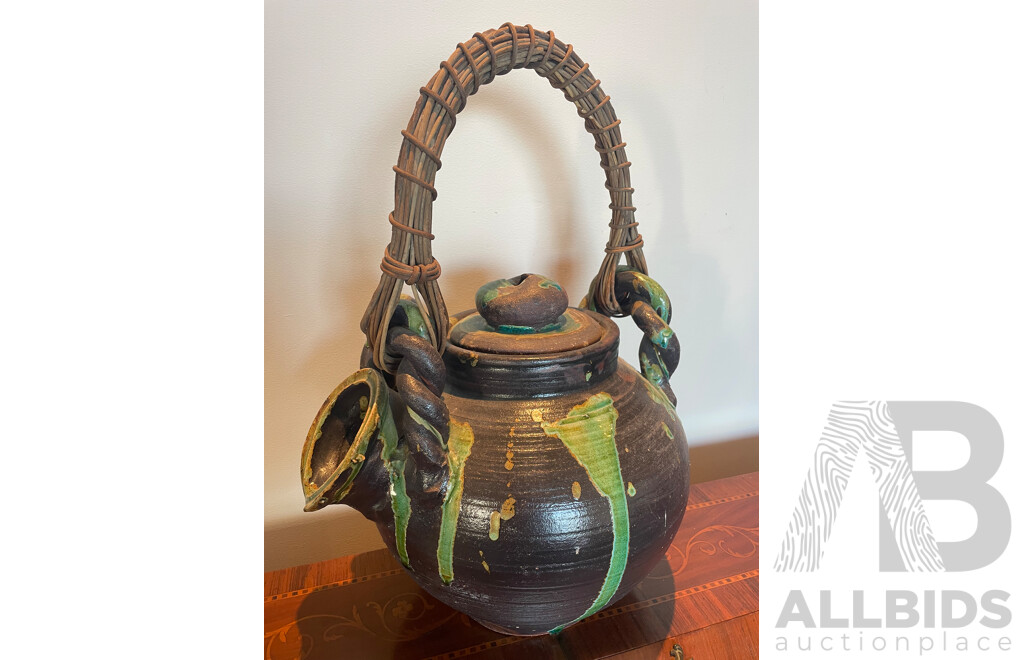 Roma Rubensohn (1927-2025)  - Decorative Studio Stoneware Crock Pot with Strainer and Cane Handle