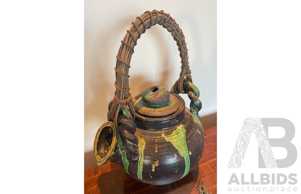 Roma Rubensohn (1927-2025)  - Decorative Studio Stoneware Crock Pot with Strainer and Cane Handle