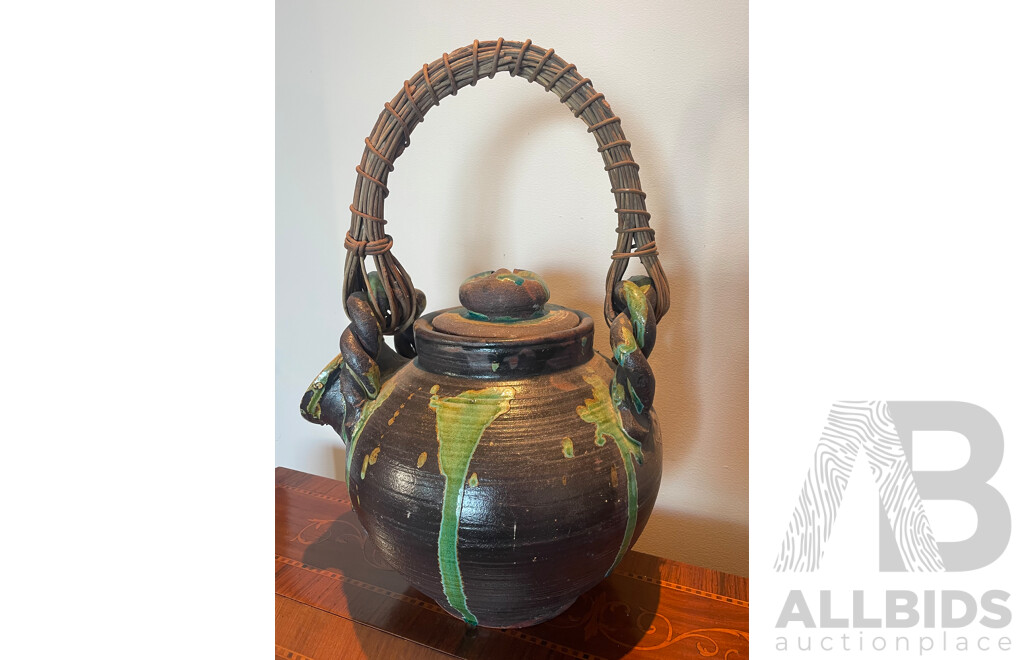 Roma Rubensohn (1927-2025)  - Decorative Studio Stoneware Crock Pot with Strainer and Cane Handle