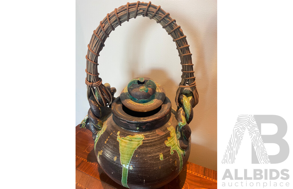 Roma Rubensohn (1927-2025)  - Decorative Studio Stoneware Crock Pot with Strainer and Cane Handle