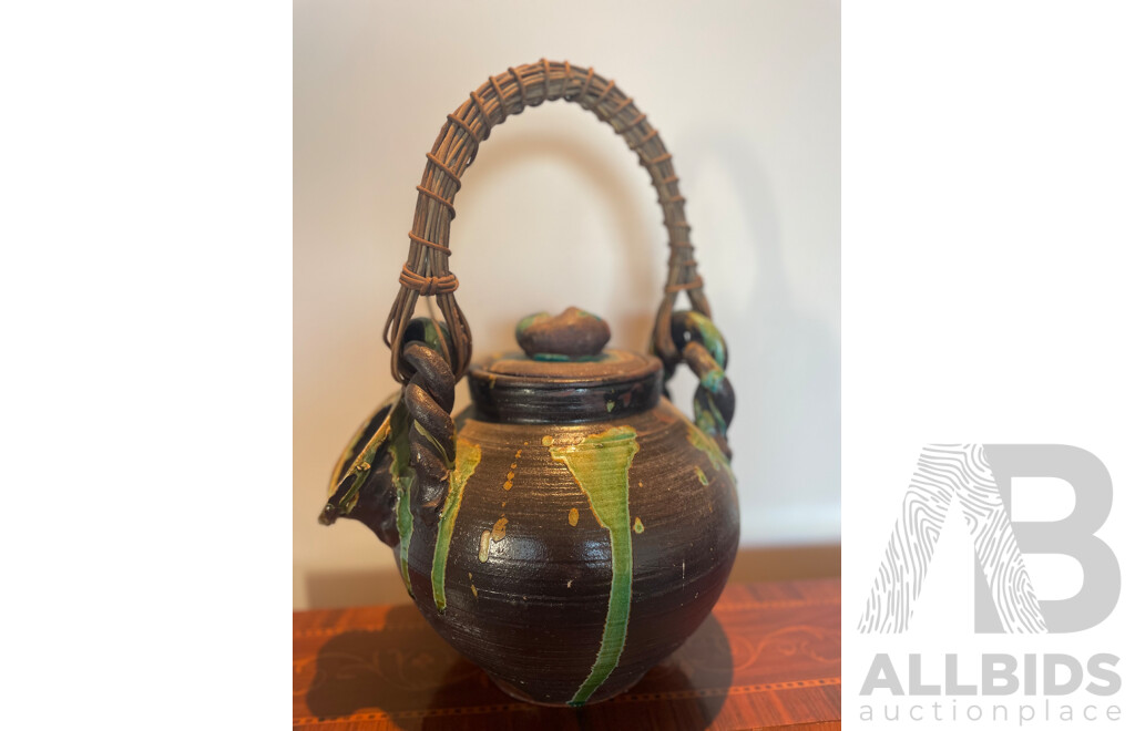 Roma Rubensohn (1927-2025)  - Decorative Studio Stoneware Crock Pot with Strainer and Cane Handle