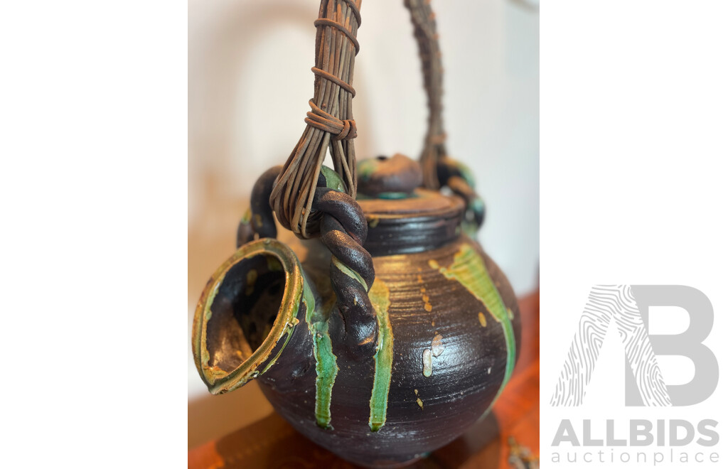 Roma Rubensohn (1927-2025)  - Decorative Studio Stoneware Crock Pot with Strainer and Cane Handle