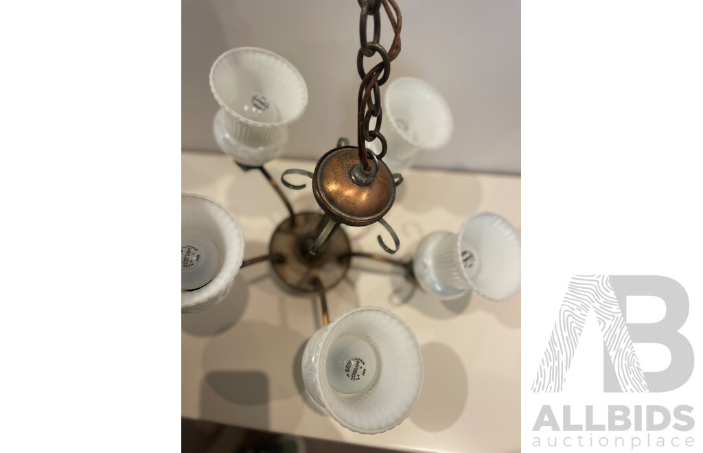 Mid Century Five Globe Chandelier with Lustreware Shades