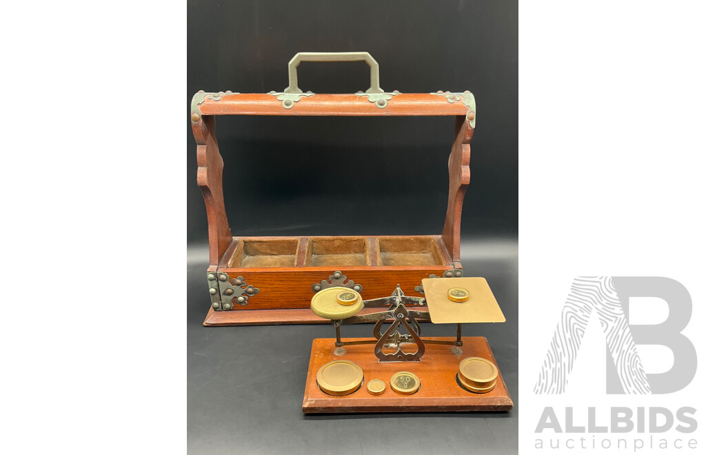 Wooden Tantalus and Balance Scale and Weights - Lot of 2