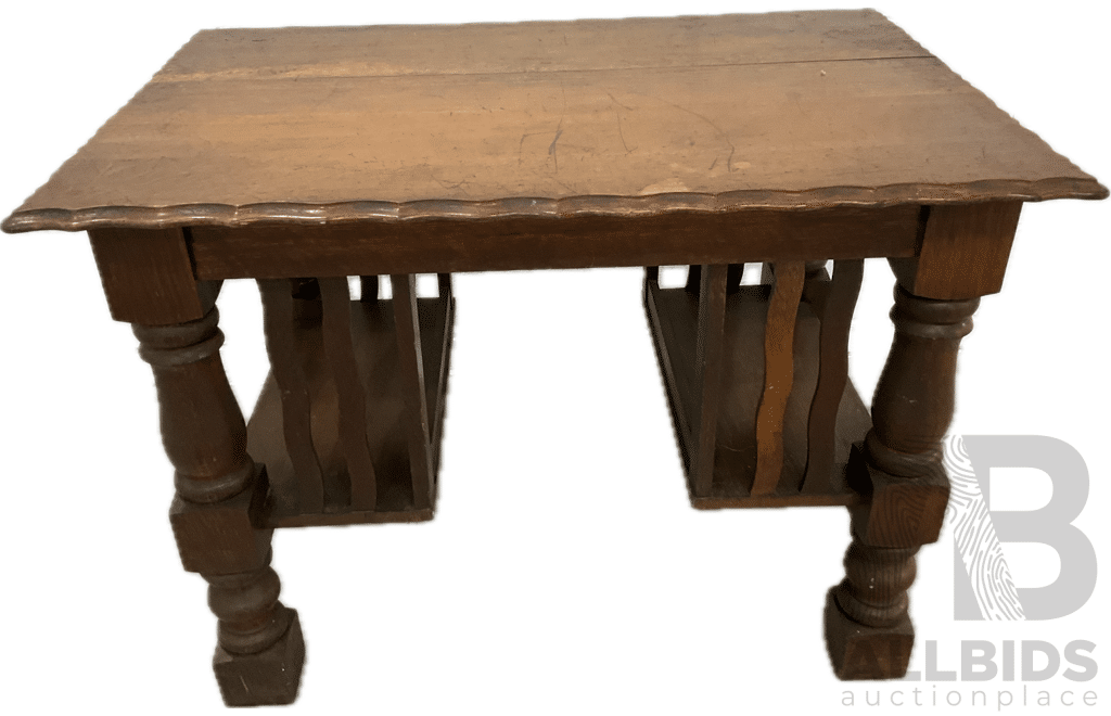 Arts and Crafts Oak Table with Storage Shelves Below