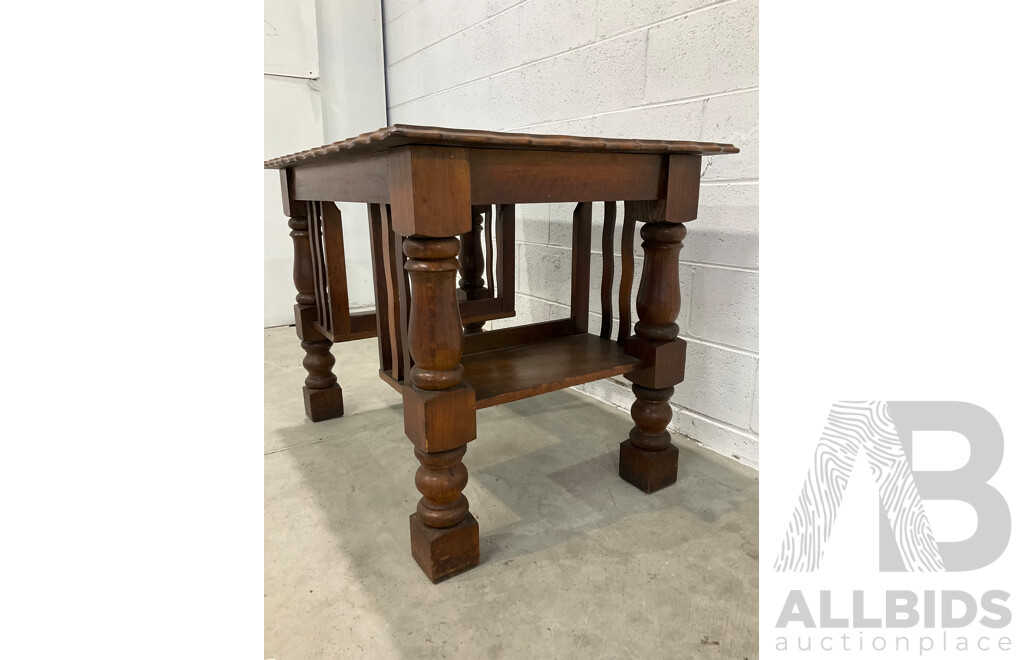 Arts and Crafts Oak Table with Storage Shelves Below