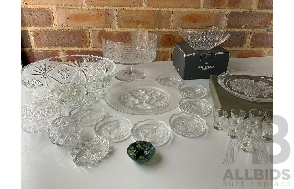 Collection of Bowls, Plates and Glasses - Including Waterford Crystal Lismore Bowl, HOYA Crystal,  Moss Agate Bowl and More  - Lot of 11