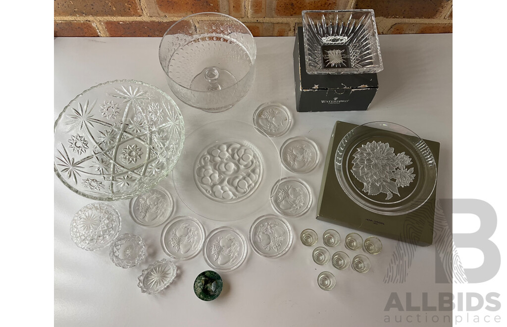 Collection of Bowls, Plates and Glasses - Including Waterford Crystal Lismore Bowl, HOYA Crystal,  Moss Agate Bowl and More  - Lot of 11