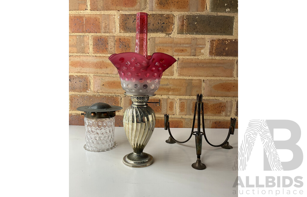 Victorian Ruby Glass Oil Lamp, Light Fixture and Iron Candle Holder - Lot of 3