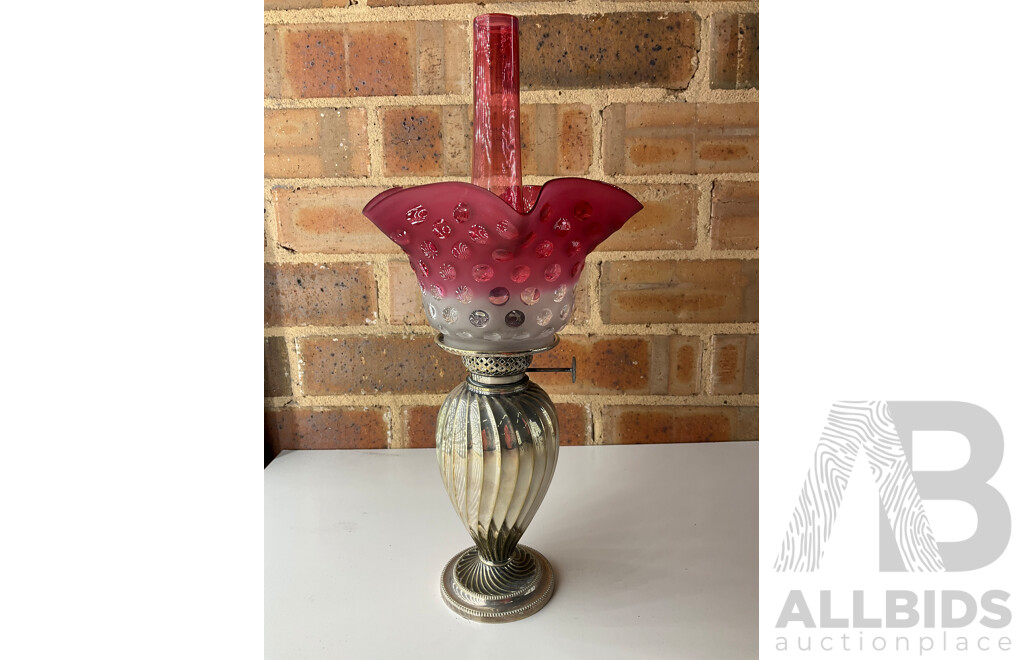 Victorian Ruby Glass Oil Lamp, Light Fixture and Iron Candle Holder - Lot of 3