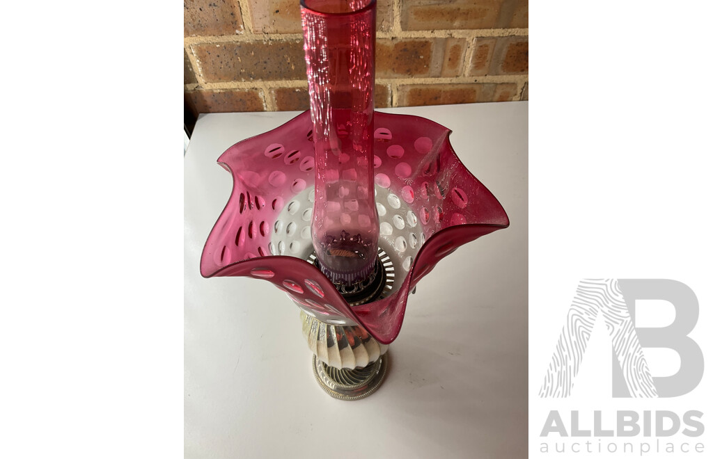 Victorian Ruby Glass Oil Lamp, Light Fixture and Iron Candle Holder - Lot of 3