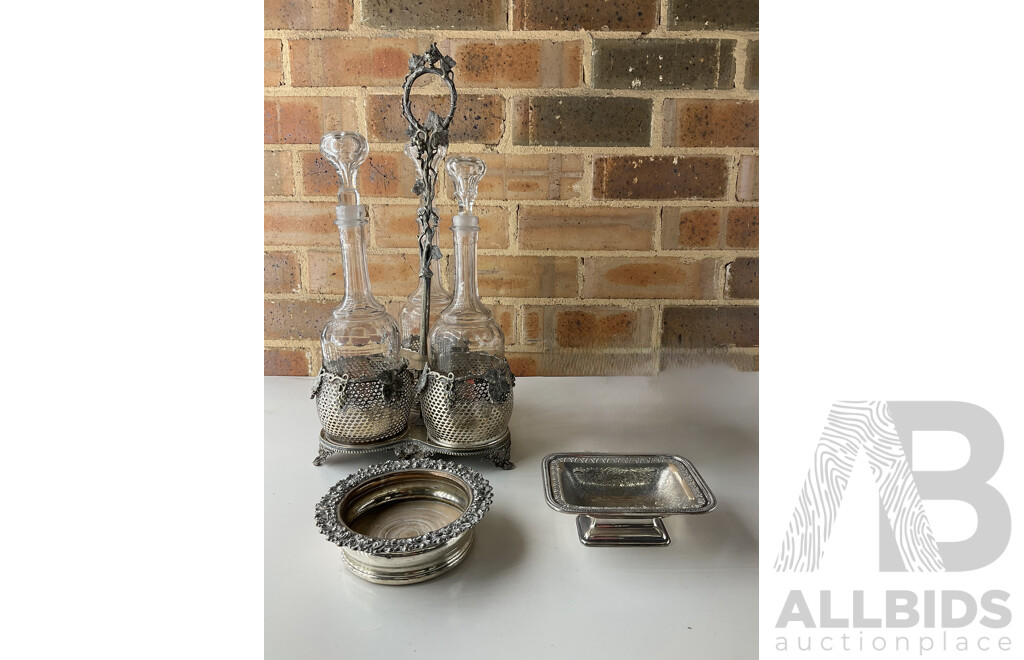 Three Bottle Tantalus and BARKER ELLIS Silver-Plated Bowl and Silver Bowl- Lot of 3