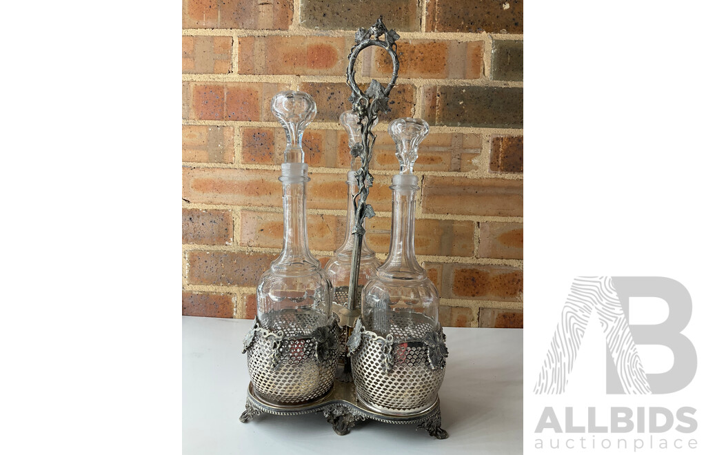Three Bottle Tantalus and BARKER ELLIS Silver-Plated Bowl and Silver Bowl- Lot of 3