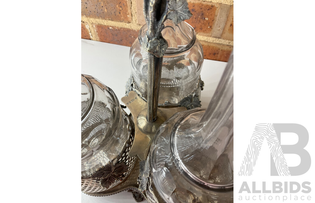 Three Bottle Tantalus and BARKER ELLIS Silver-Plated Bowl and Silver Bowl- Lot of 3