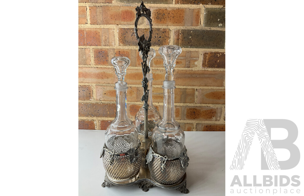 Three Bottle Tantalus and BARKER ELLIS Silver-Plated Bowl and Silver Bowl- Lot of 3