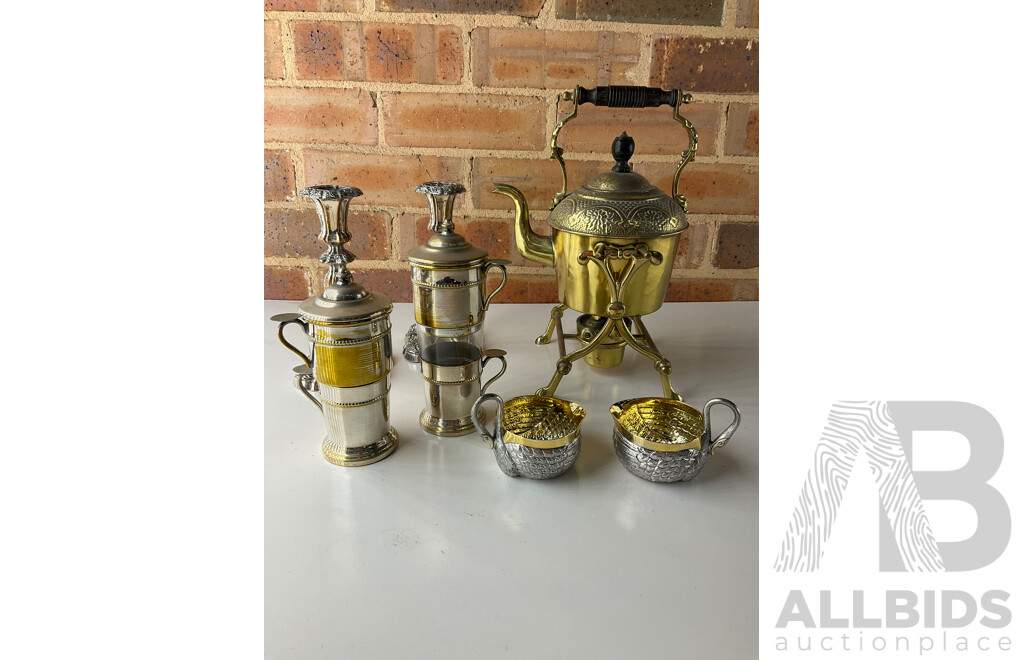 Victorian Brass Kettle on Stand, Pair of Mexican Tane Silver Swan Bowl, Pair of Metal Drip Coffe Maker and Pair of Candlesticks Holders- Lot of 7