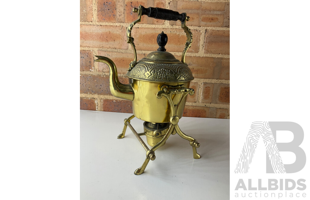 Victorian Brass Kettle on Stand, Pair of Mexican Tane Silver Swan Bowl, Pair of Metal Drip Coffe Maker and Pair of Candlesticks Holders- Lot of 7