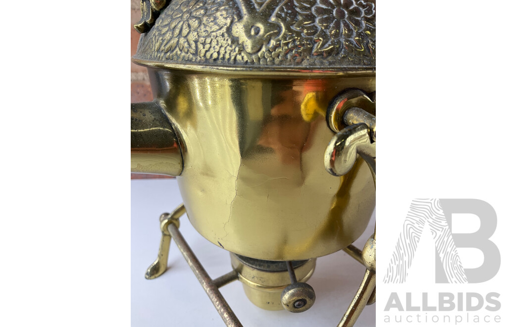 Victorian Brass Kettle on Stand, Pair of Mexican Tane Silver Swan Bowl, Pair of Metal Drip Coffe Maker and Pair of Candlesticks Holders- Lot of 7