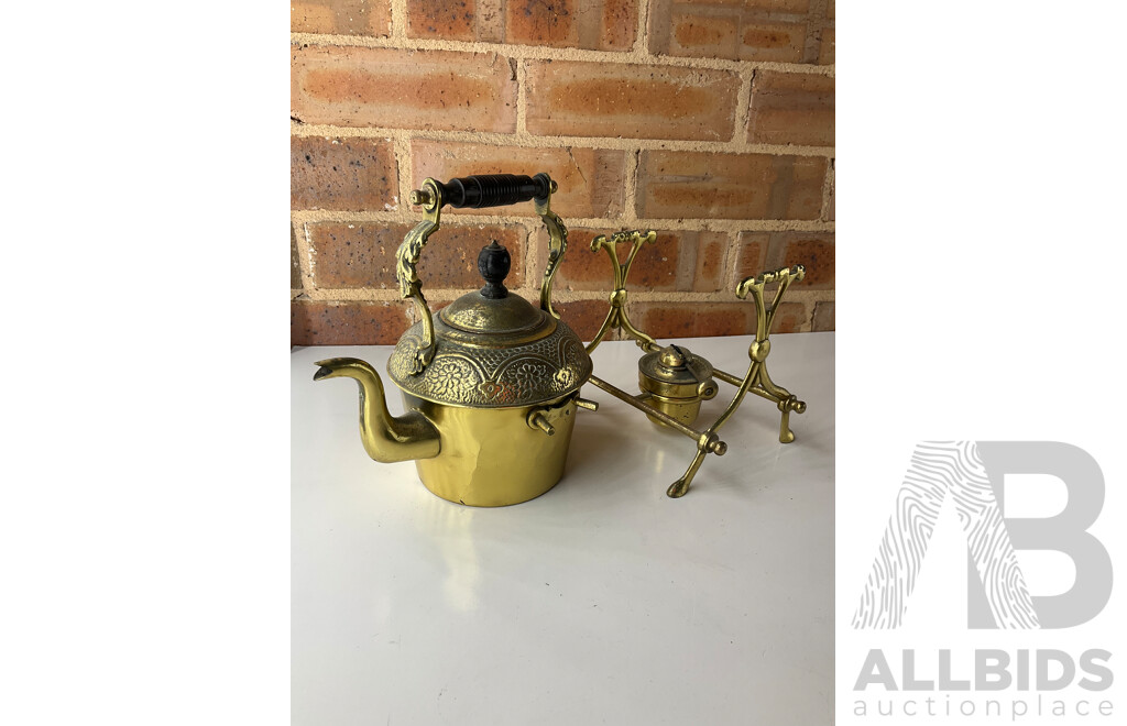 Victorian Brass Kettle on Stand, Pair of Mexican Tane Silver Swan Bowl, Pair of Metal Drip Coffe Maker and Pair of Candlesticks Holders- Lot of 7