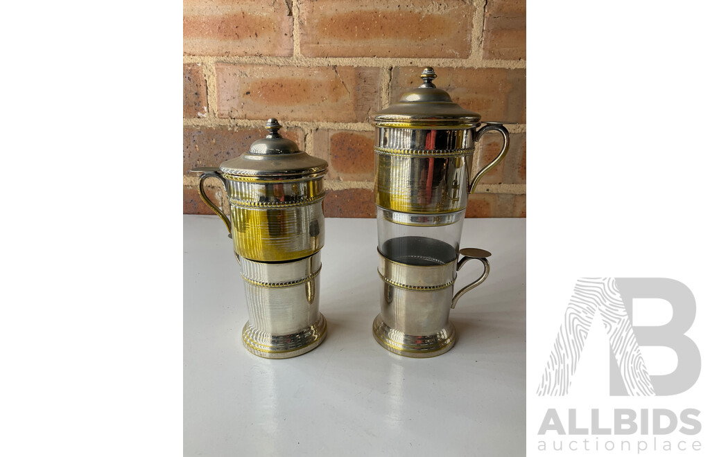Victorian Brass Kettle on Stand, Pair of Mexican Tane Silver Swan Bowl, Pair of Metal Drip Coffe Maker and Pair of Candlesticks Holders- Lot of 7