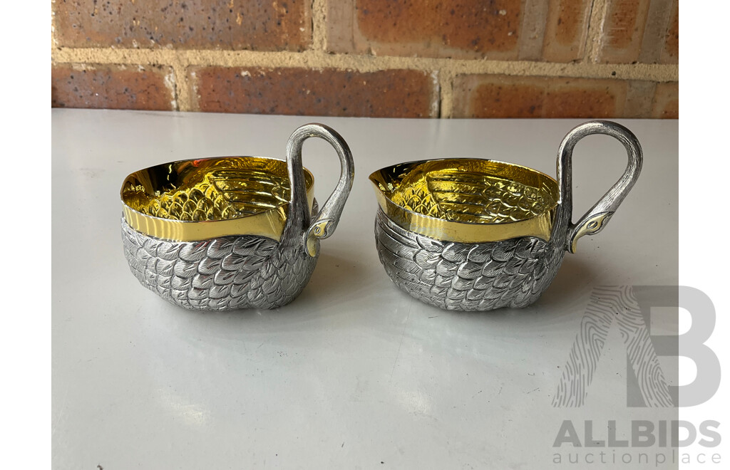 Victorian Brass Kettle on Stand, Pair of Mexican Tane Silver Swan Bowl, Pair of Metal Drip Coffe Maker and Pair of Candlesticks Holders- Lot of 7