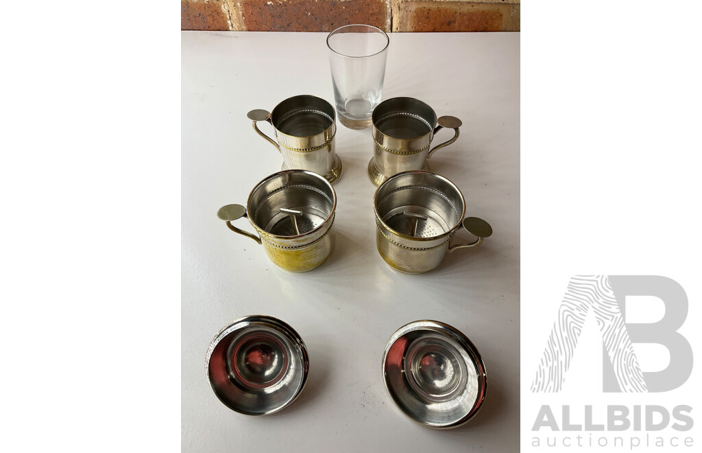 Victorian Brass Kettle on Stand, Pair of Mexican Tane Silver Swan Bowl, Pair of Metal Drip Coffe Maker and Pair of Candlesticks Holders- Lot of 7