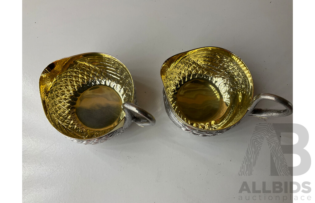 Victorian Brass Kettle on Stand, Pair of Mexican Tane Silver Swan Bowl, Pair of Metal Drip Coffe Maker and Pair of Candlesticks Holders- Lot of 7