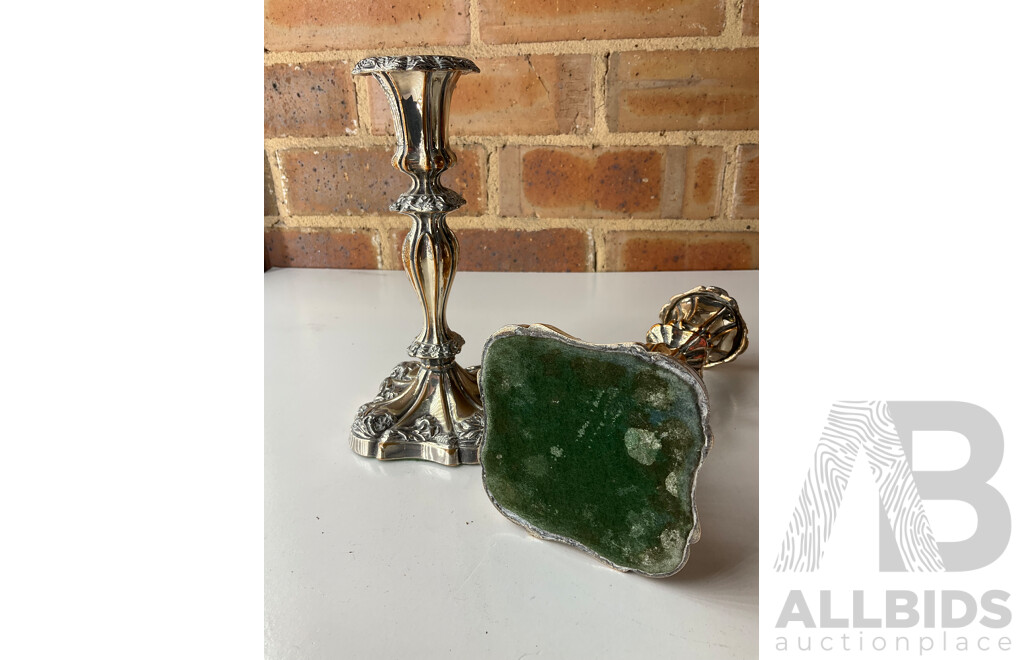 Victorian Brass Kettle on Stand, Pair of Mexican Tane Silver Swan Bowl, Pair of Metal Drip Coffe Maker and Pair of Candlesticks Holders- Lot of 7
