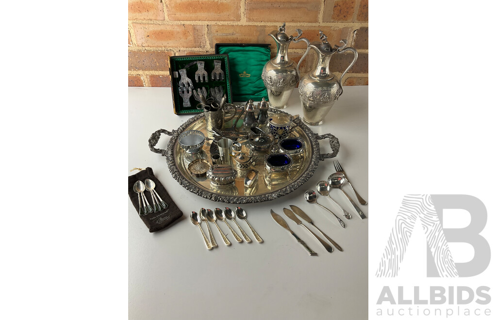 Collection of White Metal and Silver Plated Collectables, Including FLAVELLE & ROBERTS Napkin Lunt, HARDY BROS Cruet Set, RONSON Table Top Lighter, Salt and Peper Shakers and more 
