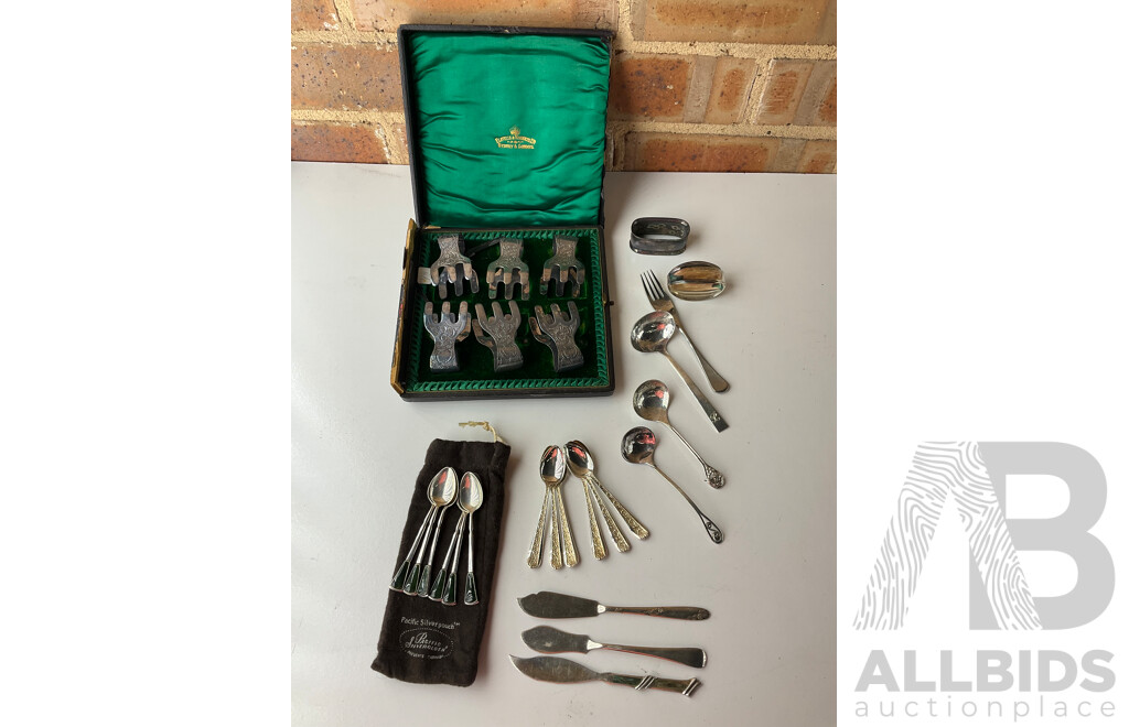 Collection of White Metal and Silver Plated Collectables, Including FLAVELLE & ROBERTS Napkin Lunt, HARDY BROS Cruet Set, RONSON Table Top Lighter, Salt and Peper Shakers and more 