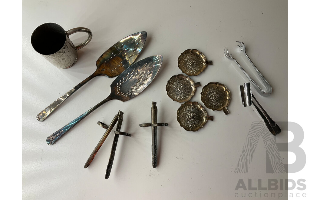 Collection of White Metal and Silver Plated Collectables, Including FLAVELLE & ROBERTS Napkin Lunt, HARDY BROS Cruet Set, RONSON Table Top Lighter, Salt and Peper Shakers and more 
