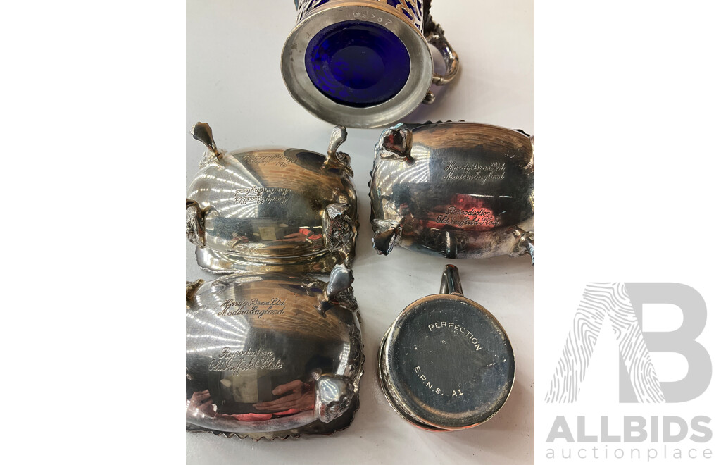 Collection of White Metal and Silver Plated Collectables, Including FLAVELLE & ROBERTS Napkin Lunt, HARDY BROS Cruet Set, RONSON Table Top Lighter, Salt and Peper Shakers and more 