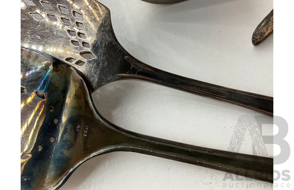 Collection of White Metal and Silver Plated Collectables, Including FLAVELLE & ROBERTS Napkin Lunt, HARDY BROS Cruet Set, RONSON Table Top Lighter, Salt and Peper Shakers and more 