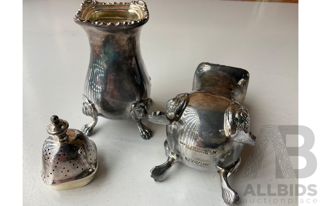 Collection of White Metal and Silver Plated Collectables, Including FLAVELLE & ROBERTS Napkin Lunt, HARDY BROS Cruet Set, RONSON Table Top Lighter, Salt and Peper Shakers and more 