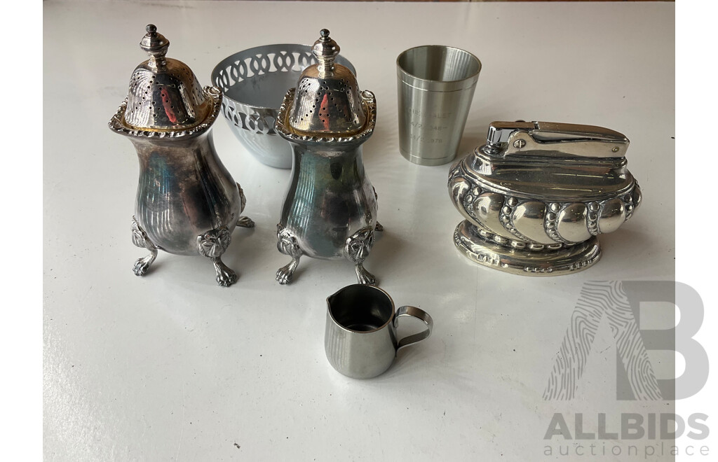 Collection of White Metal and Silver Plated Collectables, Including FLAVELLE & ROBERTS Napkin Lunt, HARDY BROS Cruet Set, RONSON Table Top Lighter, Salt and Peper Shakers and more 