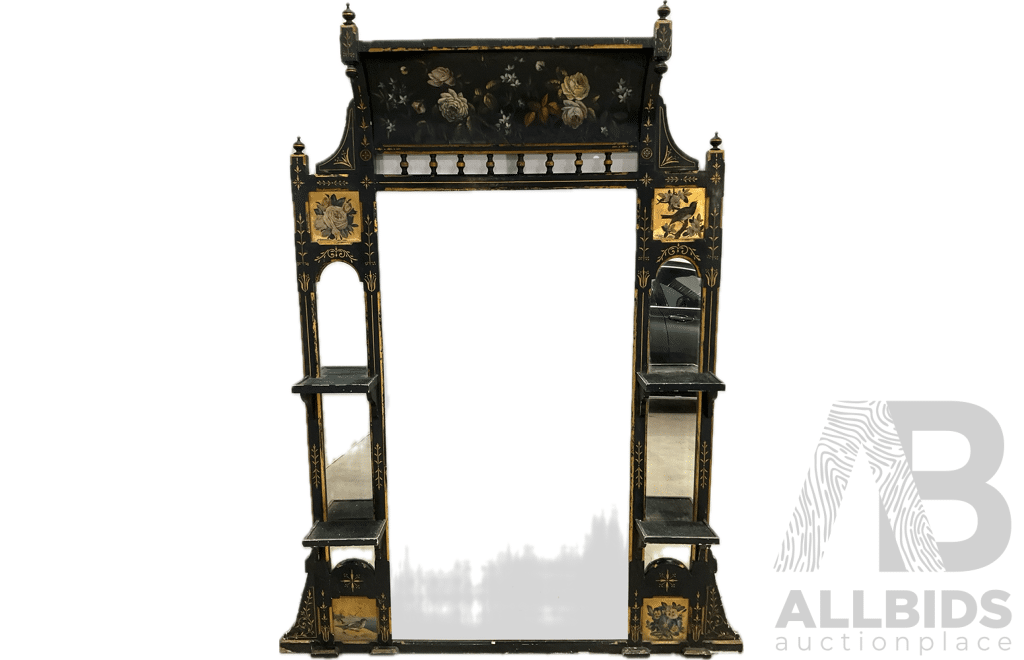 Ebonised and Gilt Handpainted Mantel Mirror with Shelves 