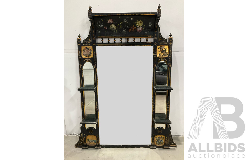 Ebonised and Gilt Handpainted Mantel Mirror with Shelves 