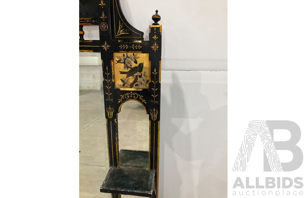 Ebonised and Gilt Handpainted Mantel Mirror with Shelves 